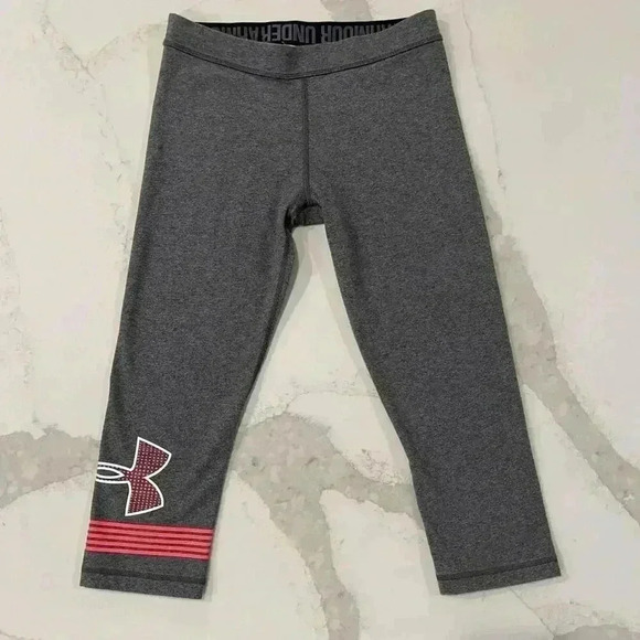 Under Armour Gray Capri Activewear Leggings Pink Graphic Women's Small Running - Picture 1 of 6